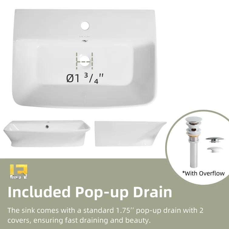 Los Flexi Wall Mount Sink with Overflow, Modern Floating Bathroom Vessel Sink, Single Faucet Hole, Pop-up Drain Included