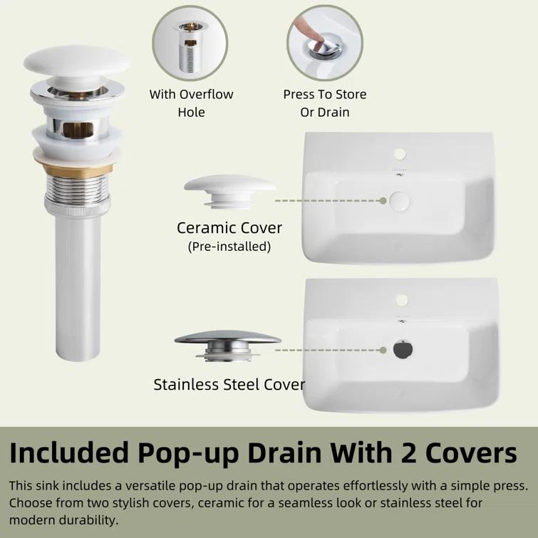 Los Flexi Wall Mount Sink with Overflow, Modern Floating Bathroom Vessel Sink, Single Faucet Hole, Pop-up Drain Included