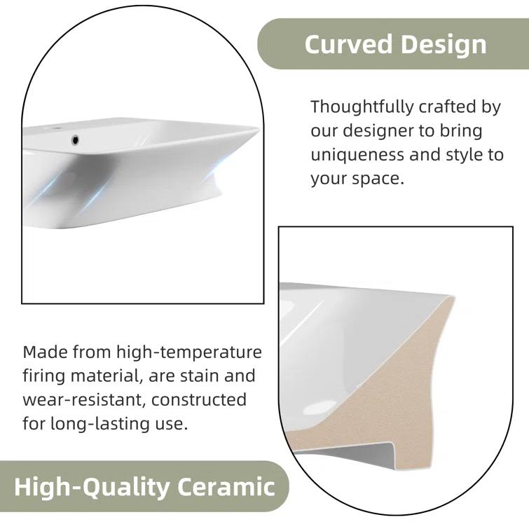 Los Flexi Wall Mount Sink with Overflow, Modern Floating Bathroom Vessel Sink, Single Faucet Hole, Pop-up Drain Included