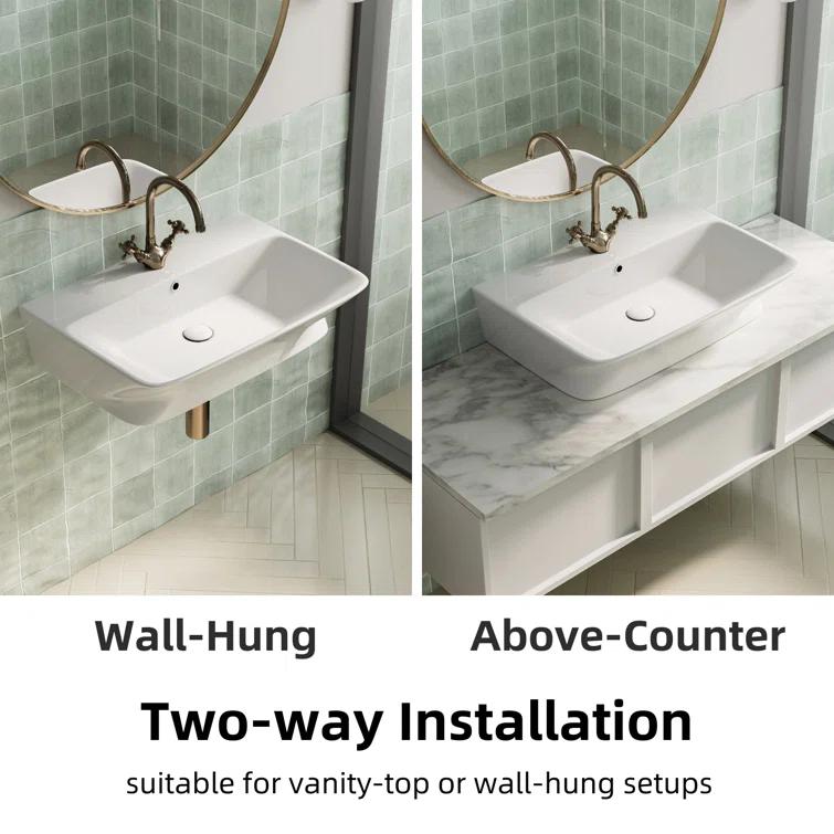Los Flexi Wall Mount Sink with Overflow, Modern Floating Bathroom Vessel Sink, Single Faucet Hole, Pop-up Drain Included