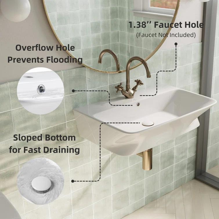 Los Flexi Wall Mount Sink with Overflow, Modern Floating Bathroom Vessel Sink, Single Faucet Hole, Pop-up Drain Included