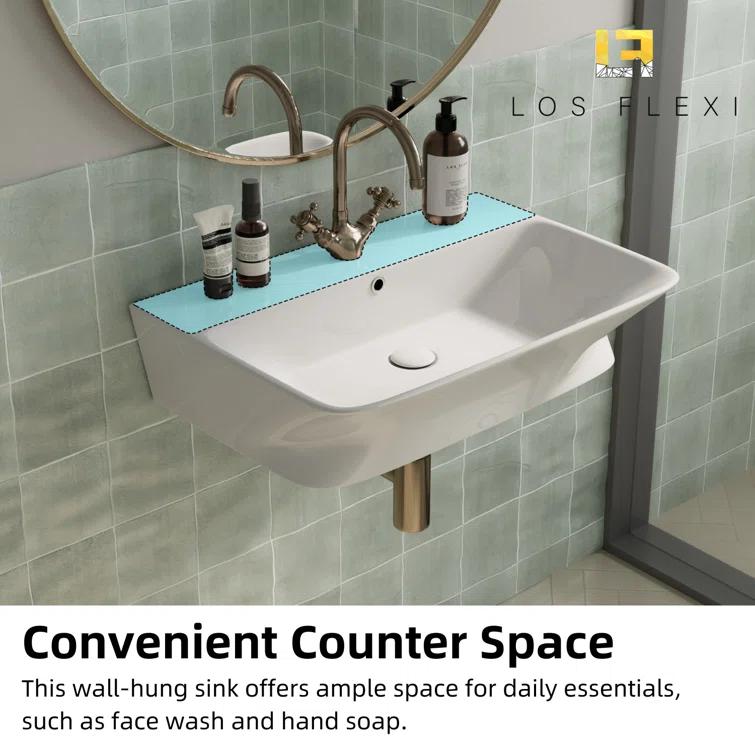 Los Flexi Wall Mount Sink with Overflow, Modern Floating Bathroom Vessel Sink, Single Faucet Hole, Pop-up Drain Included