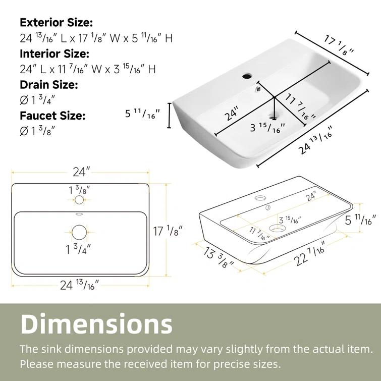 Los Flexi Wall Mount Sink with Overflow, Modern Floating Bathroom Vessel Sink, Single Faucet Hole, Pop-up Drain Included