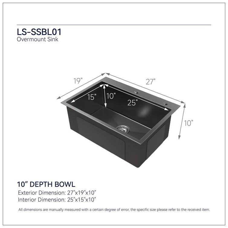 27"X19" Undermount Kitchen SinkStainless Steel Under Counter Deep Single Bowl Undermount Sink Basin (Sink Only)