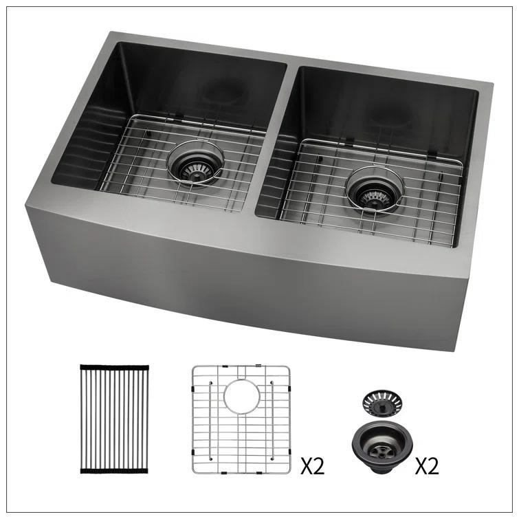 Gunmetal Black Double Bowl (50/50) Farmhouse Sink- 33"X21"X10"Stainless Steel Apron Front Kitchen Sink 16 Gauge With Two 10" Deep Basin