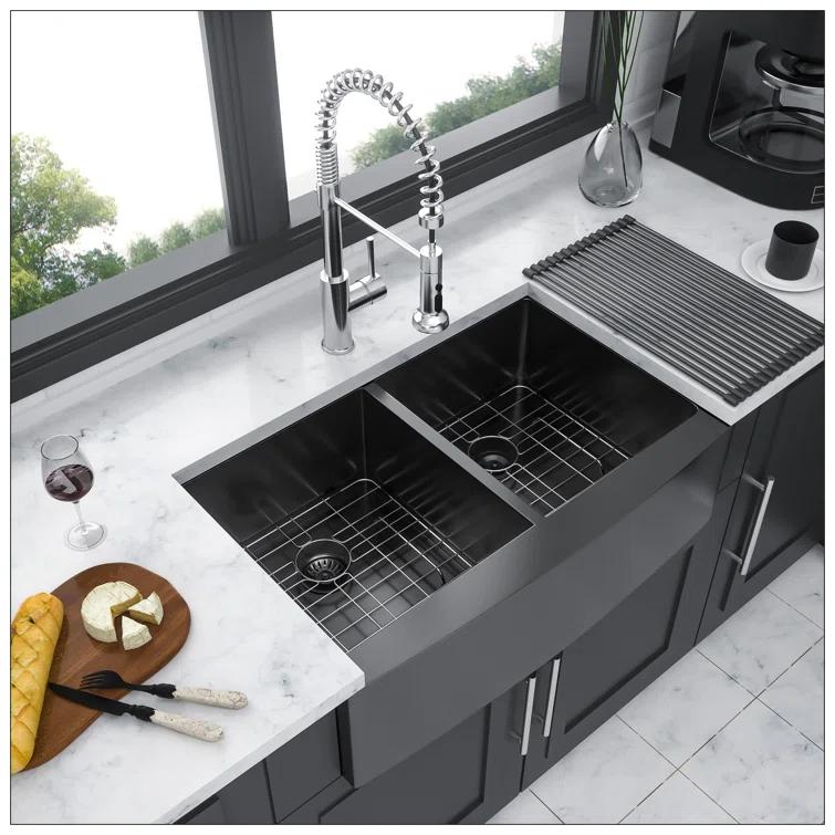 Gunmetal Black Double Bowl (50/50) Farmhouse Sink- 33"X21"X10"Stainless Steel Apron Front Kitchen Sink 16 Gauge With Two 10" Deep Basin