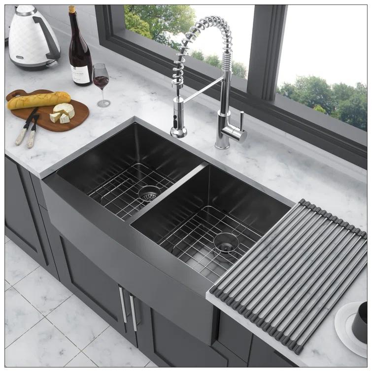 Gunmetal Black Double Bowl (50/50) Farmhouse Sink- 33"X21"X10"Stainless Steel Apron Front Kitchen Sink 16 Gauge With Two 10" Deep Basin