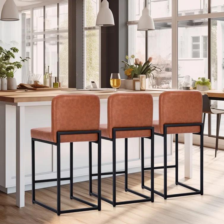 Wade Logan® Catharinus Extra Tall Bar Stool Set - Black Metal Base & Waterproof Faux Leather (Set of 3)