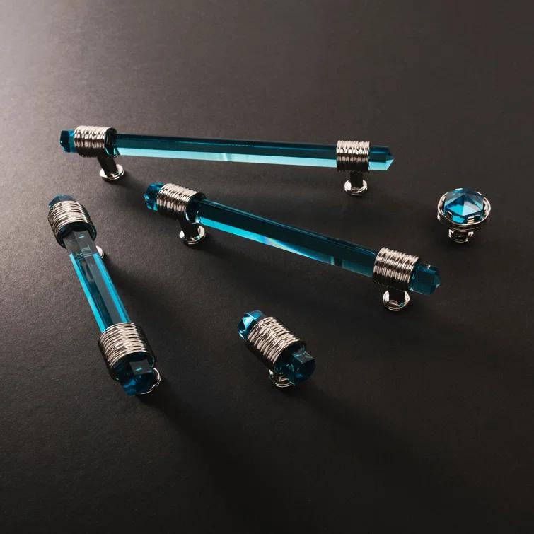 Polished Nickel and Blue Glass T-Handle Knob with Mounting Hardware