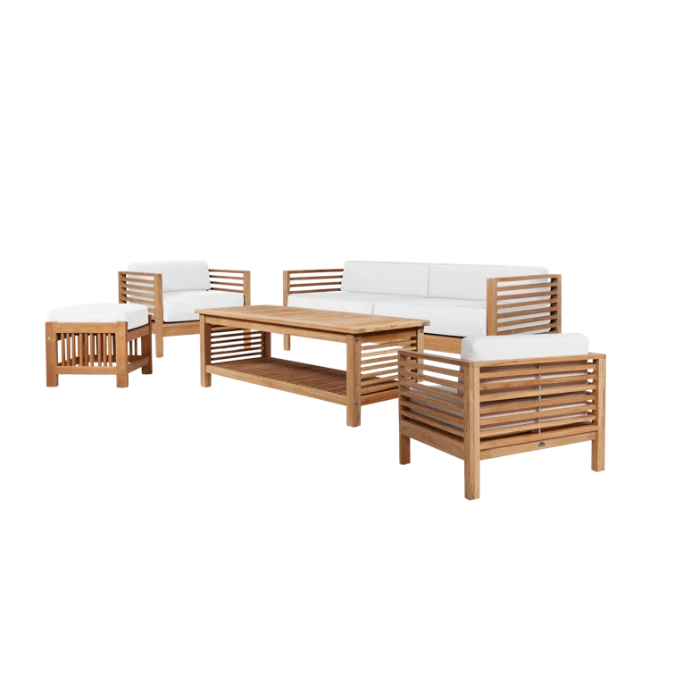 Summer Natural Teak Patio Sofa Set with White Sunbrella Cushions