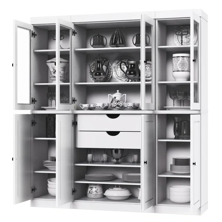 Pulcova 100% Solid Wood 65" Pantry Cabinet with Solid, Clear Glass Doors, 2-Drawers and Adjustable Shelves