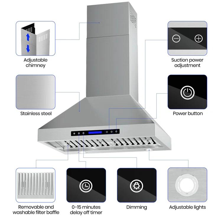 Fuhuoso 36 in. 900CFM Convertible Wall Mount Range Hood with 4 Lights,Remote,Touch Control,Long-term Warranty in Stainless Steel