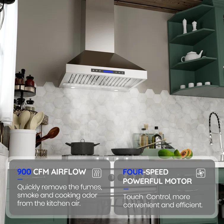 Fuhuoso 36 in. 900CFM Convertible Wall Mount Range Hood with 4 Lights,Remote,Touch Control,Long-term Warranty in Stainless Steel