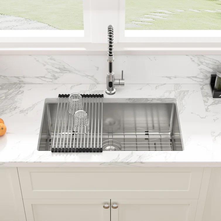 Sarlai 28'' L x 18" W Undermount Single Bowl Stainless Steel Kitchen Sink with Sink Grid and Basket Strainer SU2818R