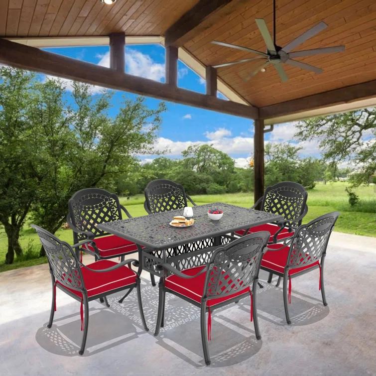 MIRROR FLY 58.27"L 34.65"W Rectangular Table Cast Aluminum Outdoor Dining Set with Umbrella Hole and Red Cushions