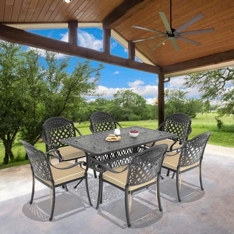 MIRROR FLY 58.27"L 34.65"W Rectangular Table Cast Aluminum Outdoor Dining Set with Umbrella Hole and Red Cushions
