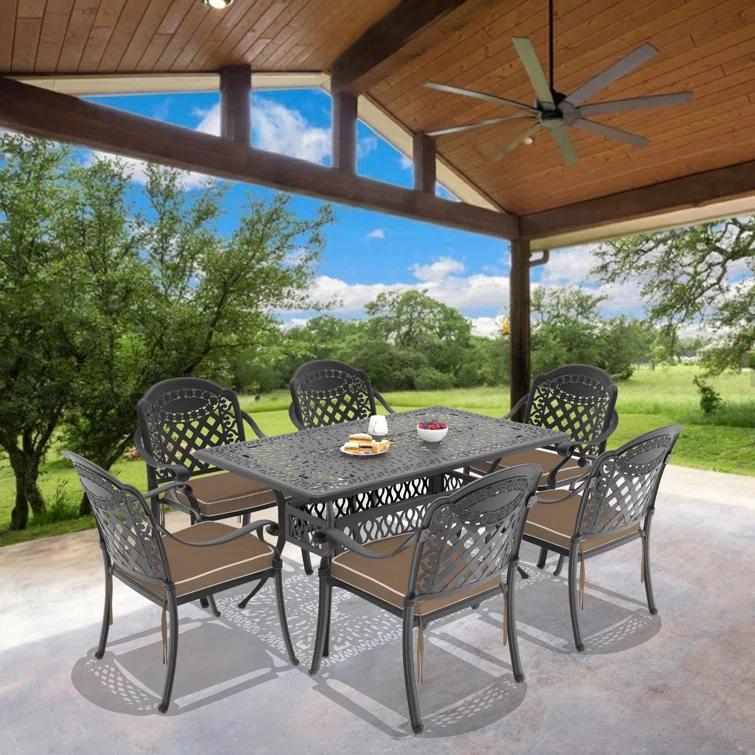 MIRROR FLY 58.27"L 34.65"W Rectangular Table Cast Aluminum Outdoor Dining Set with Umbrella Hole and Red Cushions