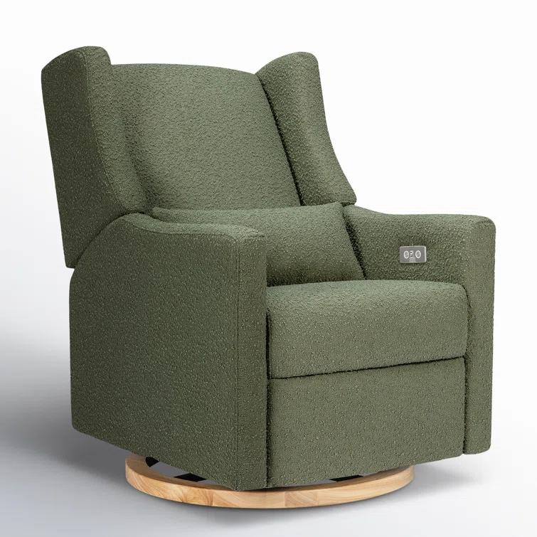 Babyletto Kiwi Olive Green Boucle Nursery Power Glider Recliner Chair with Light Wood Base