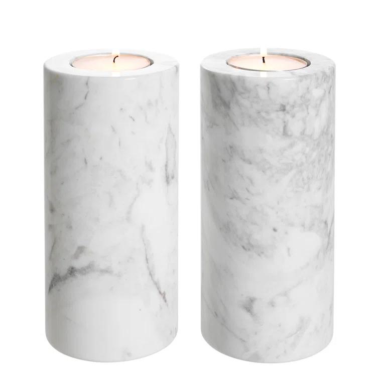White Marble Tealight Holders with Black Veins, Set of 2