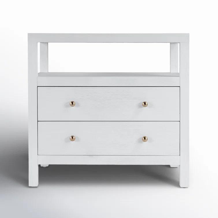 Textured White Acacia Wood 2-Drawer Nightstand with Open Shelf