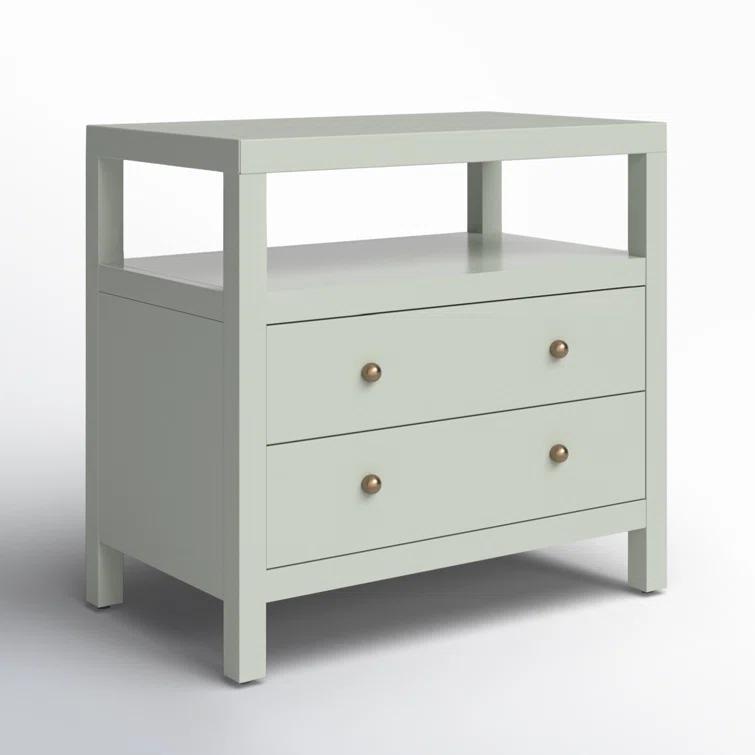 Sage Green Acacia Wood 2-Drawer Nightstand with Open Shelf