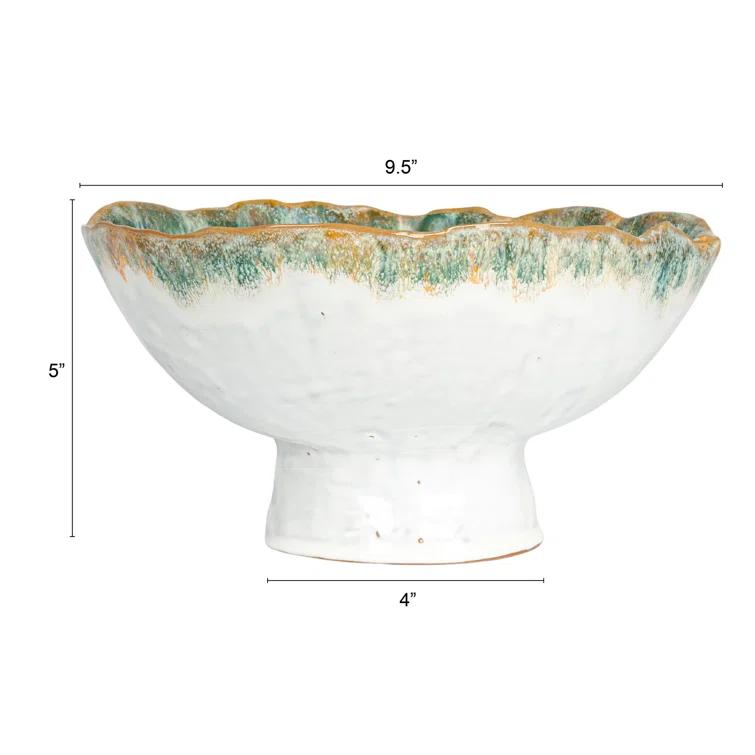 9 in. 60.9 fl. oz. Green and Brown Large Stoneware Footed Serving Bowl