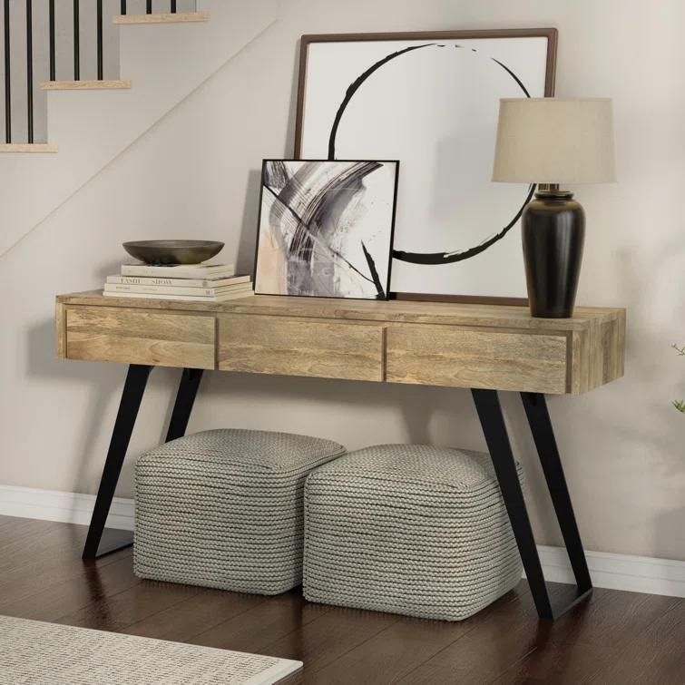 Lowry 60"W Solid Wood Modern Industrial Storage Console Table with 3 Storage Drawers and Metal Legs