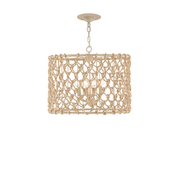 Beige and Smokewood Rope Drum Chandelier with 4 Lights