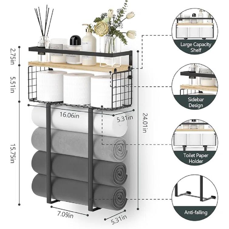 Towel Racks For Bathroom, Metal Towel Holder With Storage Basket,Wall Towel Rack For Rolled Towels, Towel Storage For Small Bathroom,Bathroom Shelves