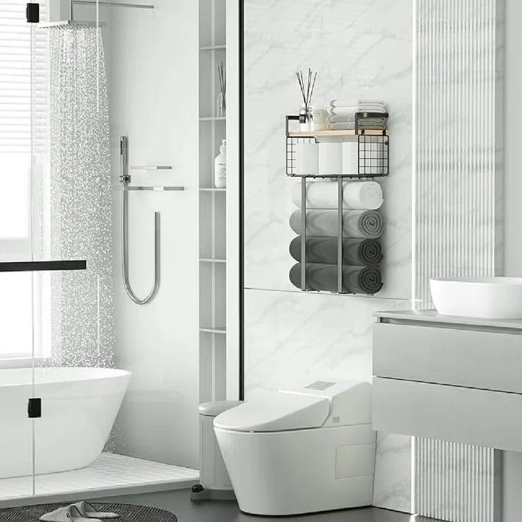 Towel Racks For Bathroom, Metal Towel Holder With Storage Basket,Wall Towel Rack For Rolled Towels, Towel Storage For Small Bathroom,Bathroom Shelves