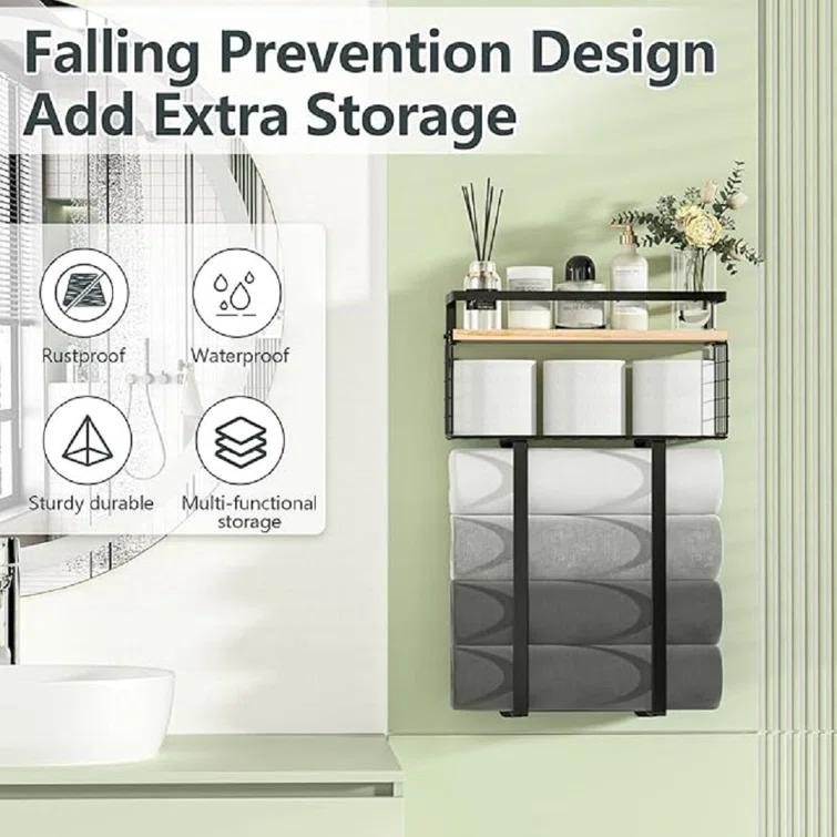 Towel Racks For Bathroom, Metal Towel Holder With Storage Basket,Wall Towel Rack For Rolled Towels, Towel Storage For Small Bathroom,Bathroom Shelves