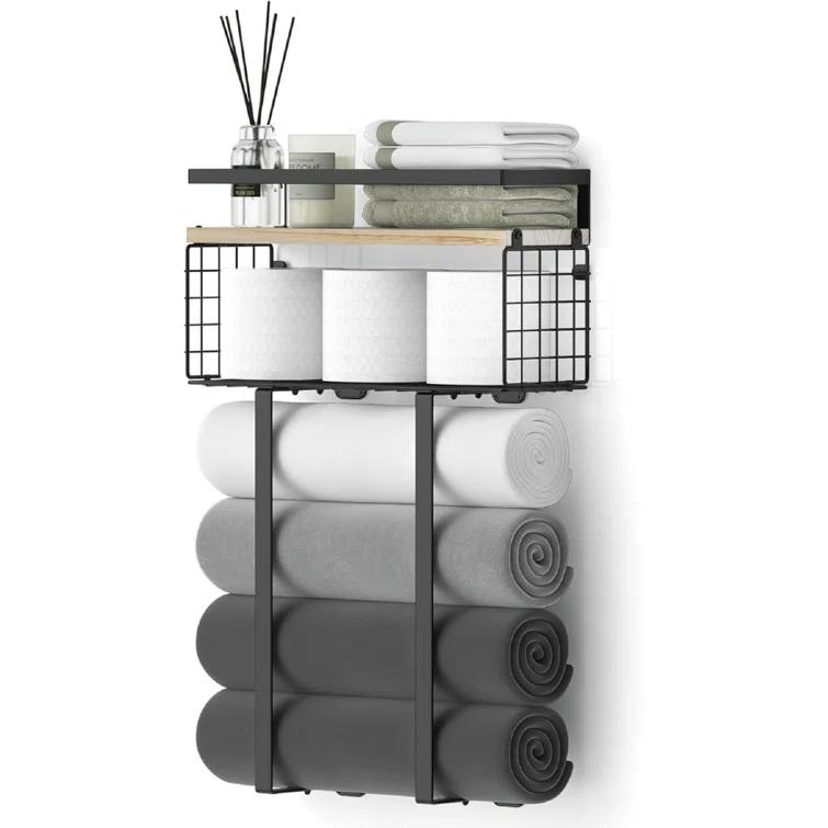 Towel Racks For Bathroom, Metal Towel Holder With Storage Basket,Wall Towel Rack For Rolled Towels, Towel Storage For Small Bathroom,Bathroom Shelves