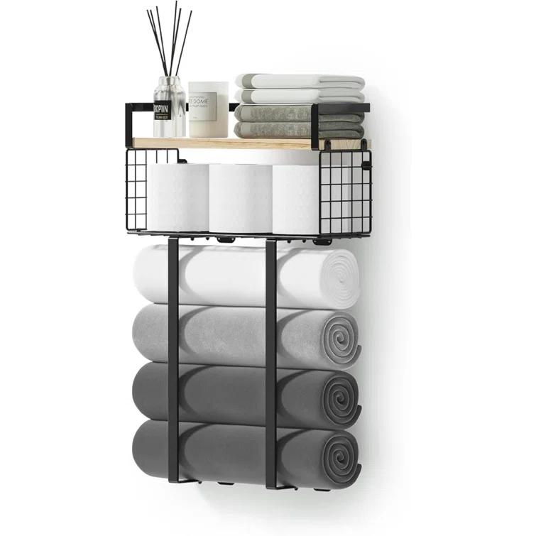 Towel Racks For Bathroom, Metal Towel Holder With Storage Basket,Wall Towel Rack For Rolled Towels, Towel Storage For Small Bathroom,Bathroom Shelves