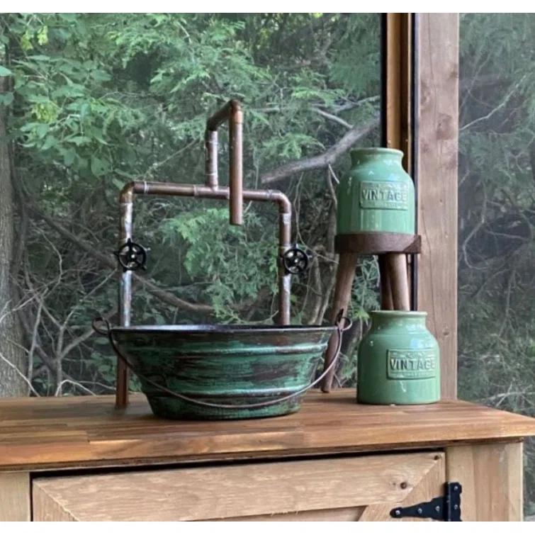 15" Round Copper Vessel Bath Sink Bucket with Green Patina Exterior, Drain Included