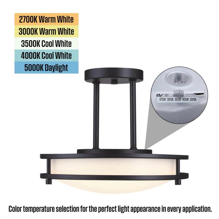 12 Inch, 15 Watt LED Indoor Semi Flush Mount Ceiling Fixture with Color Temperature Selection, Frosted Acrylic Shade
