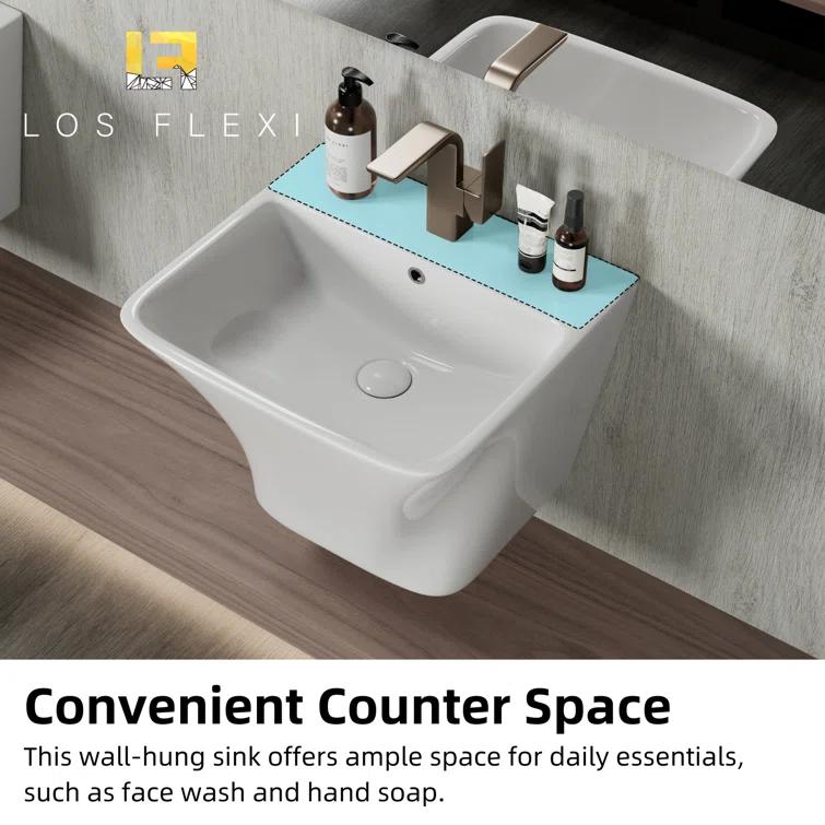 Los Flexi Wall Mount Sink with Overflow, Modern Floating Bathroom Vessel Sink, Single Faucet Hole, Pop-up Drain Included