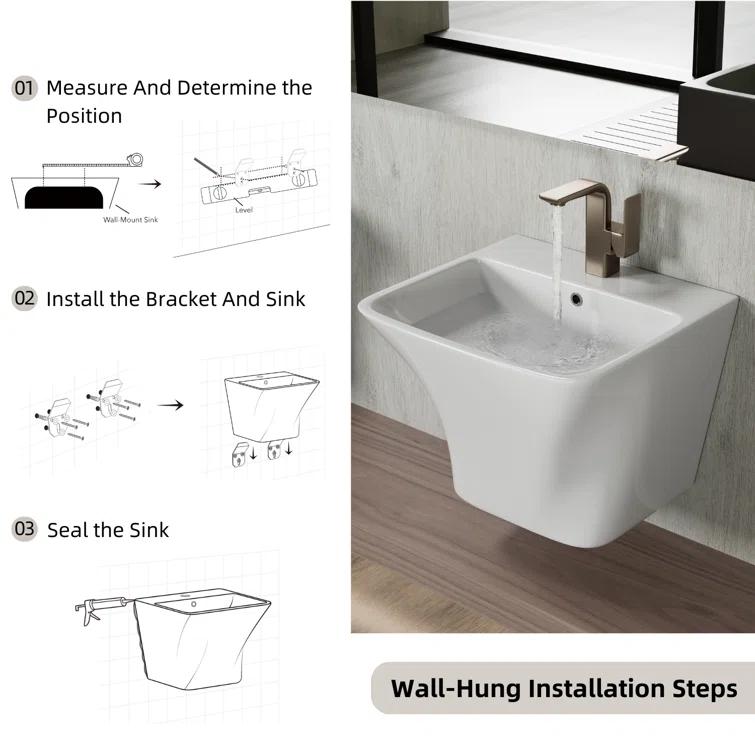 Los Flexi Wall Mount Sink with Overflow, Modern Floating Bathroom Vessel Sink, Single Faucet Hole, Pop-up Drain Included