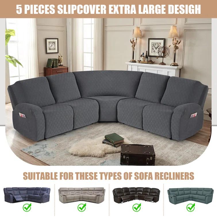 5-Pieces Recliner Corner Sectional Sofa Slipcovers- Oversized Box Cushion Reclining Sofa Covers for L Shaped Couch with Pockets ( 5 Seater)