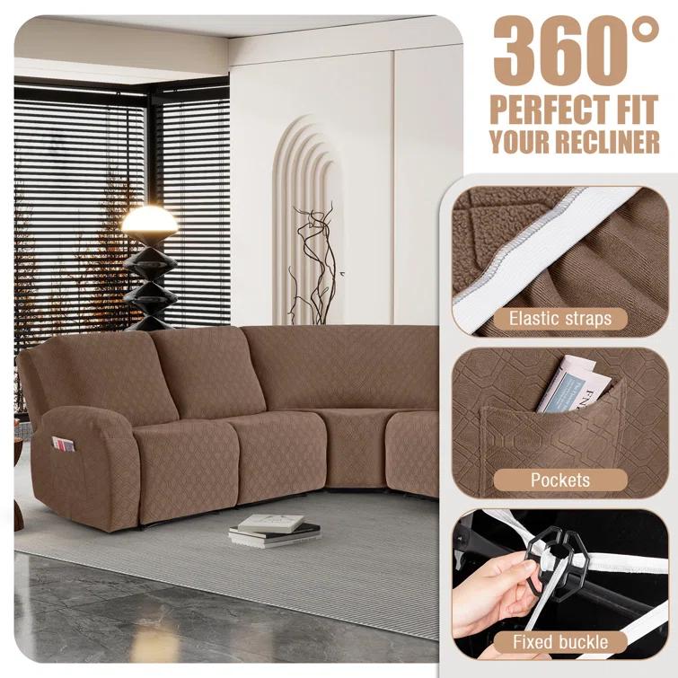 5-Pieces Recliner Corner Sectional Sofa Slipcovers- Oversized Box Cushion Reclining Sofa Covers for L Shaped Couch with Pockets ( 5 Seater)