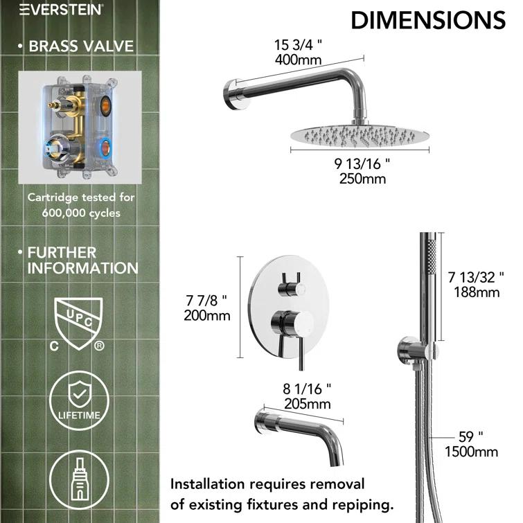 10-Inch High-Pressure Rainfall Shower System, Tub Faucet Set with Pressure Balanced Valve