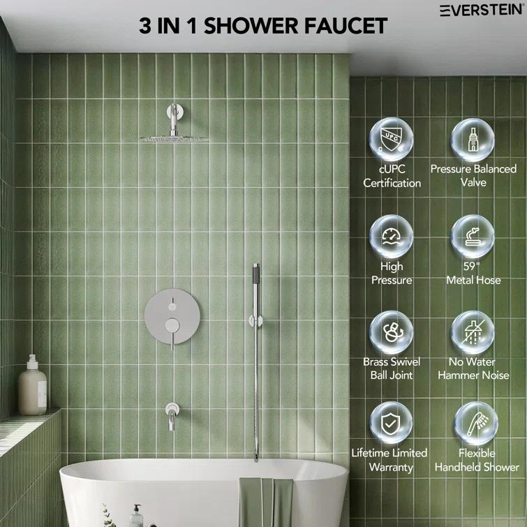 10-Inch High-Pressure Rainfall Shower System, Tub Faucet Set with Pressure Balanced Valve