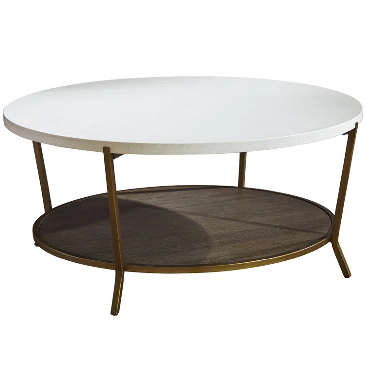 Transitional Round Wood & Stone Coffee Table, 42 Inch, Brown