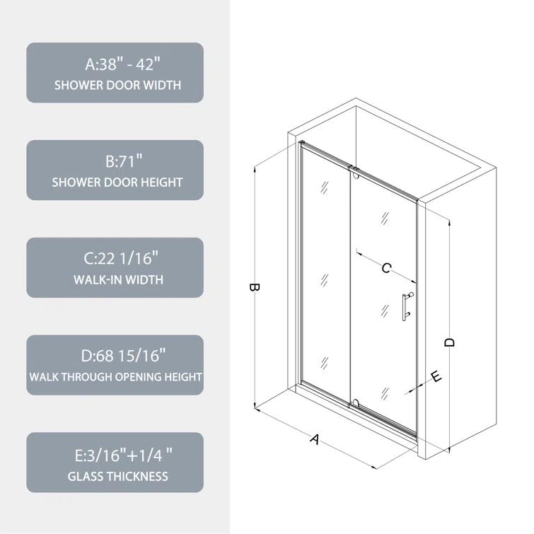 38-42" W x 71" H Flush Glass Shower Door Reversible Installation