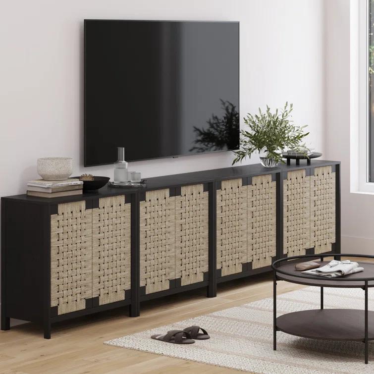 Nathan James Rustic Wood TV Stand Cabinet With Seagrass Door Panels
