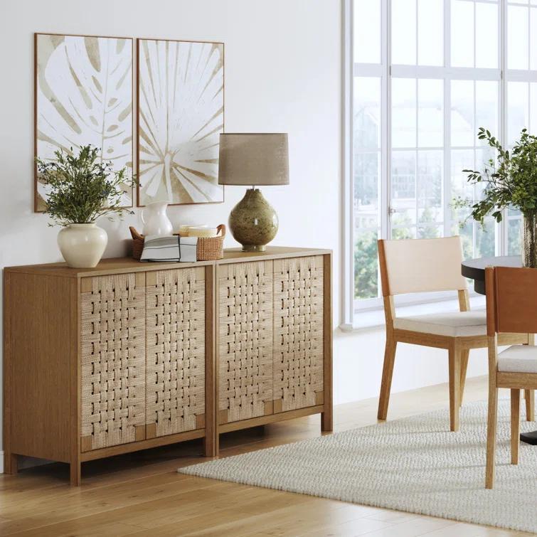 Rustic Wood TV Stand Cabinet With Seagrass Door Panels