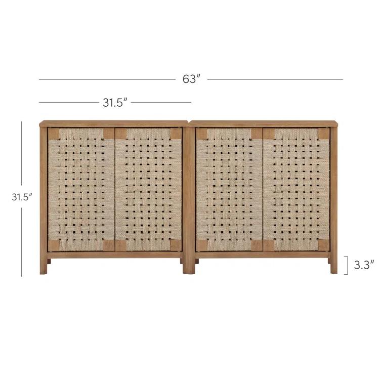 Rustic Wood TV Stand Cabinet With Seagrass Door Panels