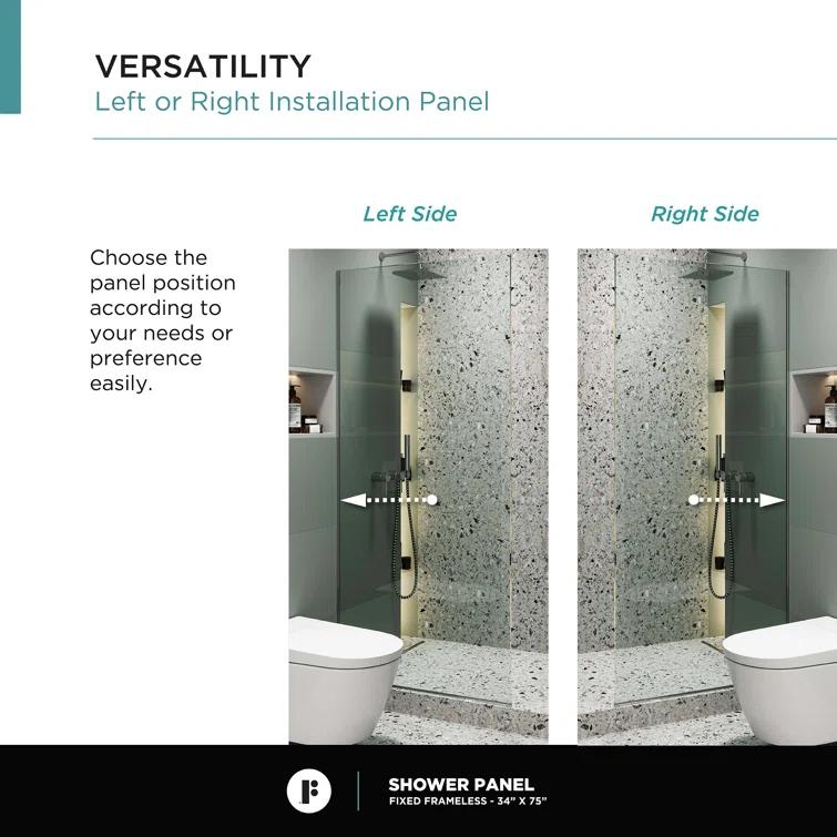 34'' W x 74.25'' H Semi-Frameless Fixed Glass Panel