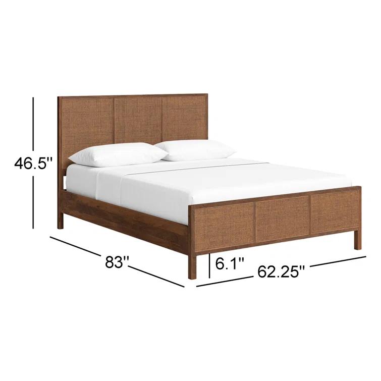 Brown Wash Queen Wood Panel Bed with Woven Cane Headboard