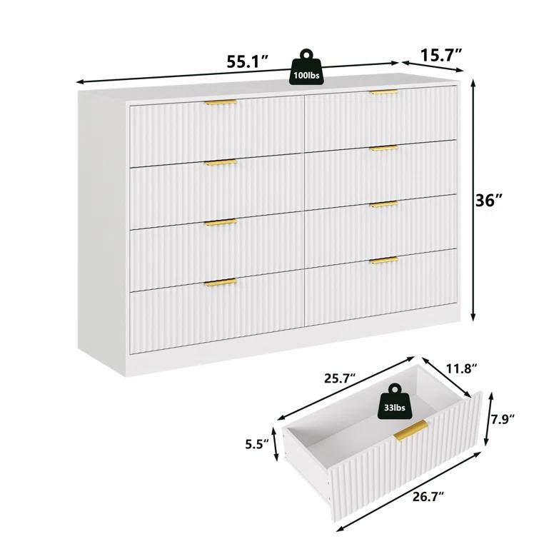 Fluted Dresser For Bedroom With 8 Drawers, 55" Wide Modern Chest Of Drawers With Metal Handle