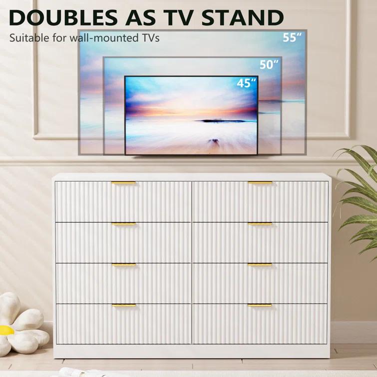 Fluted Dresser For Bedroom With 8 Drawers, 55" Wide Modern Chest Of Drawers With Metal Handle